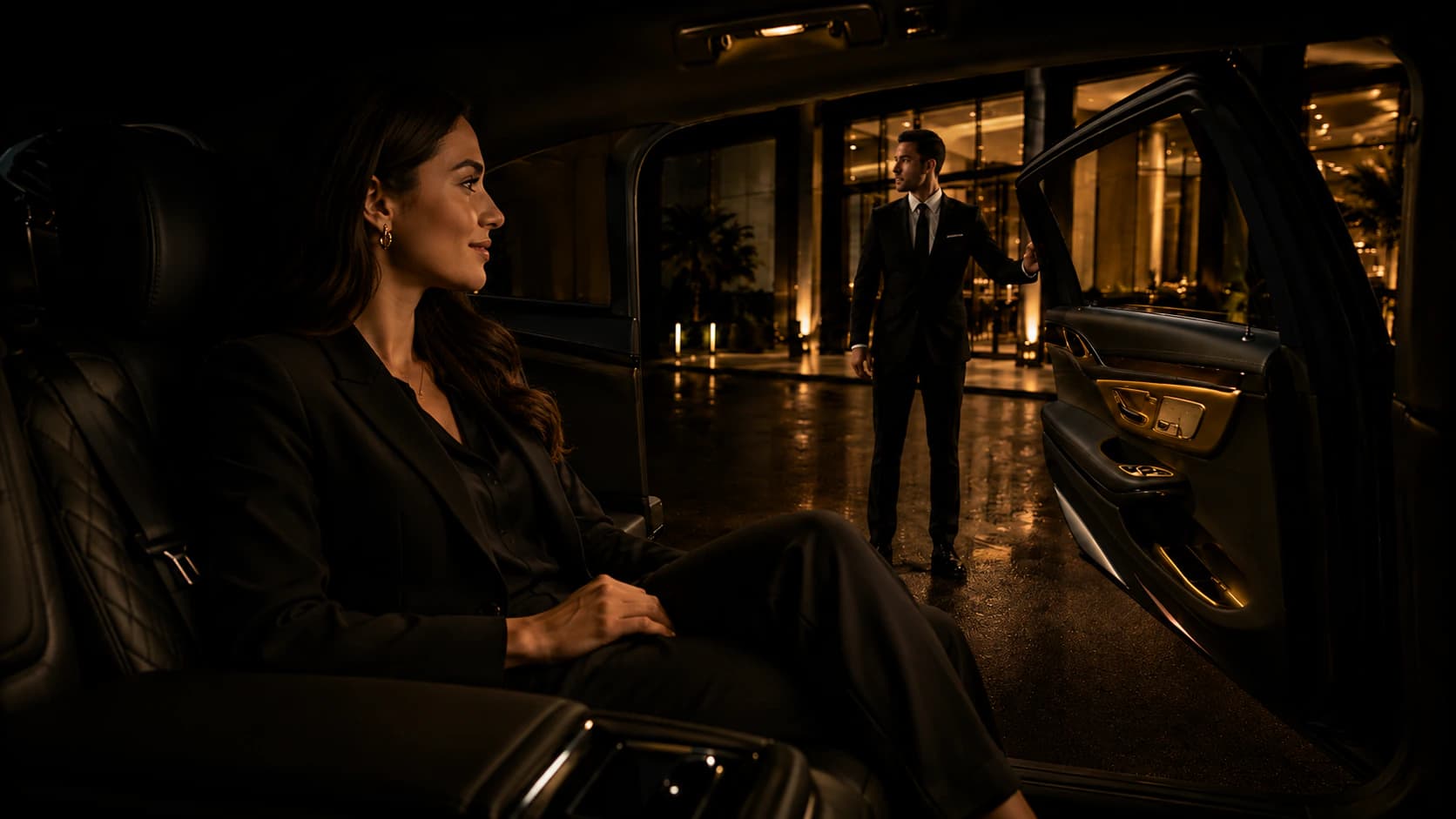 An Luxe Elite Transportation chauffeur opening the rear door of a black luxury SUV for a guest — chauffeured airport transfers, wine tours, and executive car service across Orange County and Southern California.