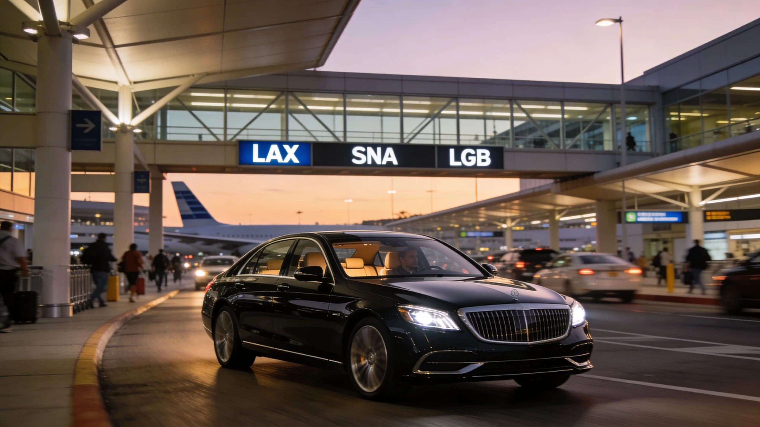 A chauffeured sedan arriving curbside beneath the LAX, SNA, and LGB terminal signage